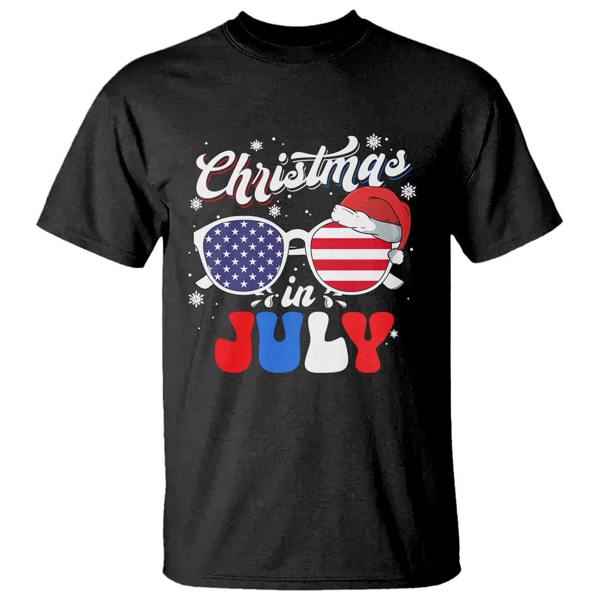 Christmas In July T Shirt Santa Hat Sunglasses USA Flag 4th Of July Xmas - Wonder Print Shop