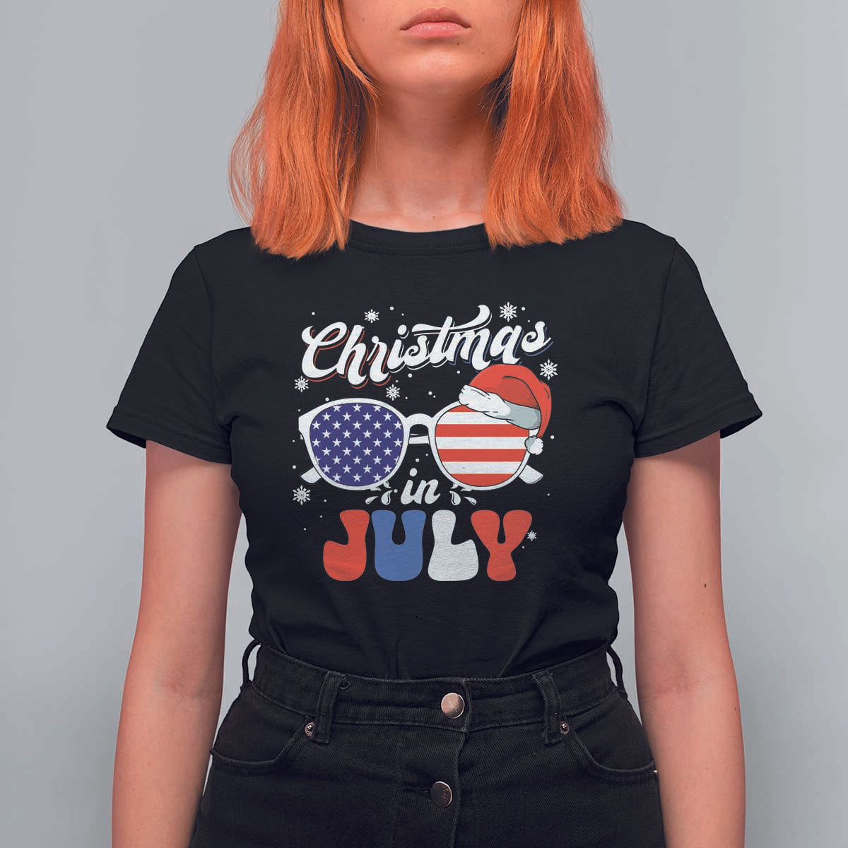 Christmas In July T Shirt For Women Santa Hat Sunglasses USA Flag 4th Of July Xmas - Wonder Print Shop