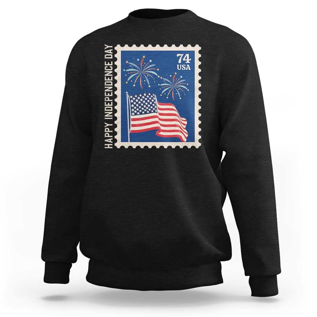 Black Independence Day sweatshirt with 4th of July stamp and waving USA flag graphic