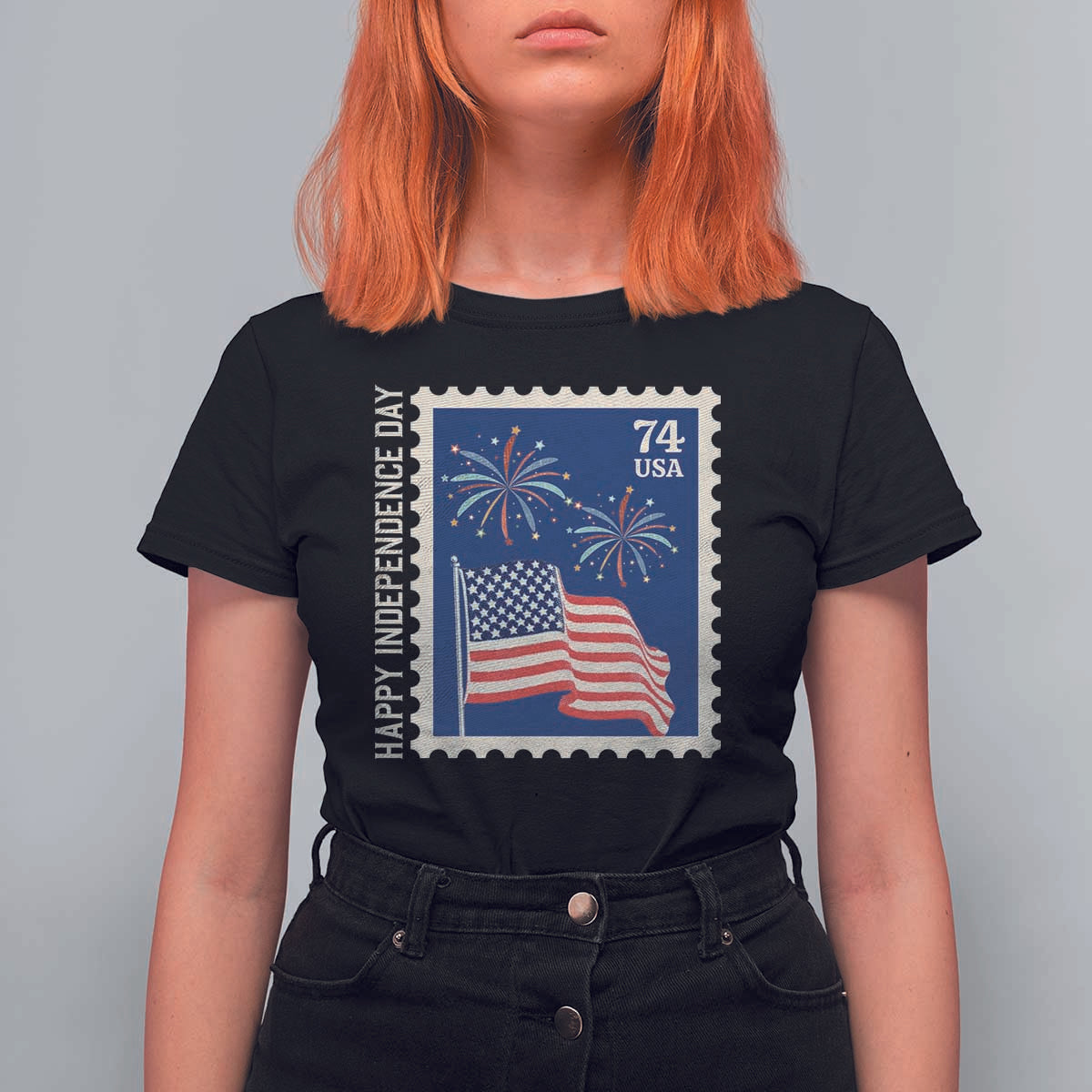 4th Of July T Shirt For Women Happy Independence Day Stamp USA Flag - Wonder Print Shop