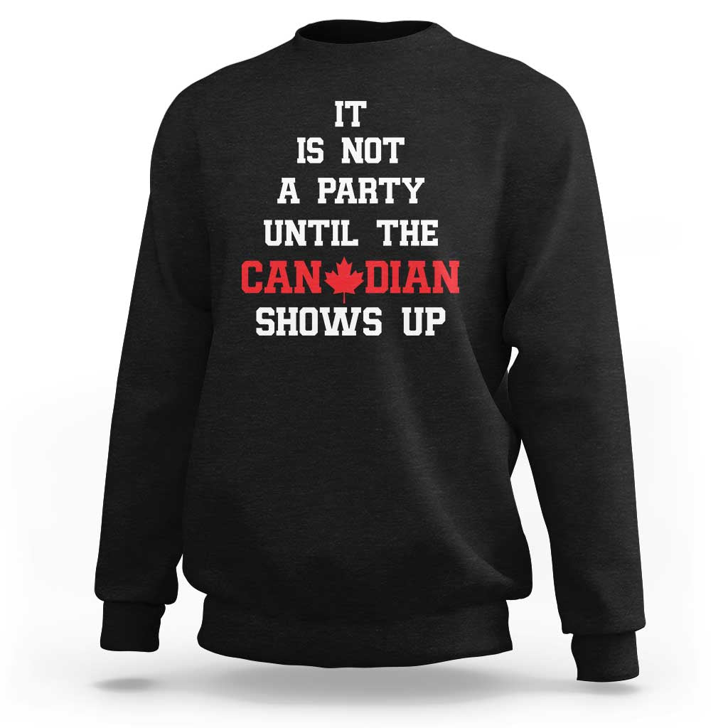 Dark charcoal crewneck sweatshirt with white and red 'CANADIAN' text graphic