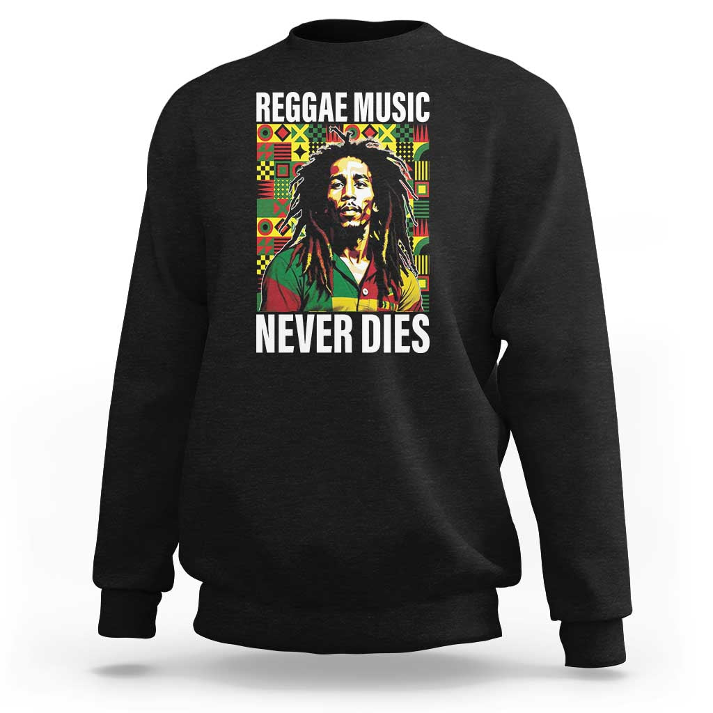 Black crewneck sweatshirt with large square reggae-themed graphic print on back