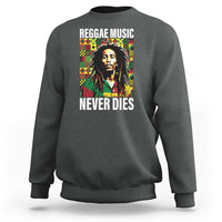 Charcoal crewneck sweatshirt with large square reggae-themed graphic print on back