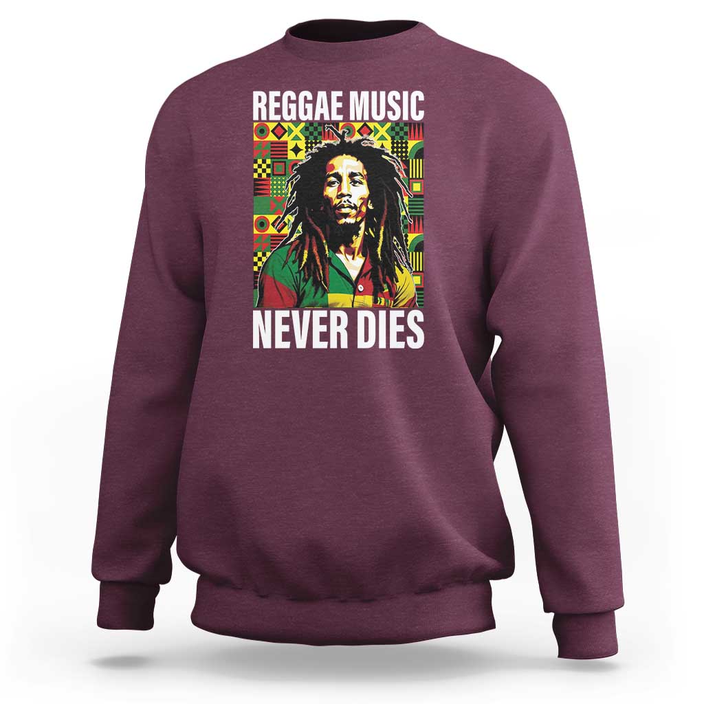 Maroon crewneck sweatshirt with large square reggae-themed graphic print on back
