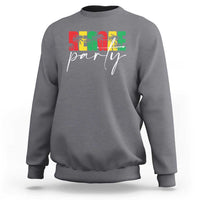 Dark heather gray crewneck sweatshirt with colorful palm tree "party" graphic on chest