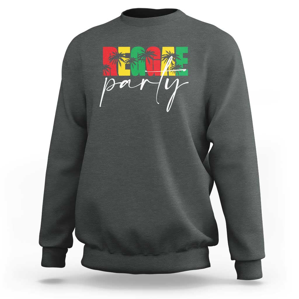 Charcoal crewneck sweatshirt with colorful palm tree "party" graphic on chest