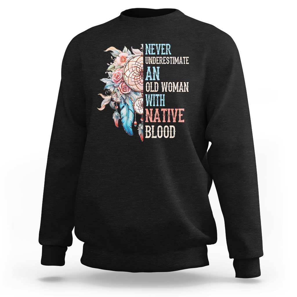 Black crewneck sweatshirt with back dreamcatcher floral graphic and Native quote.