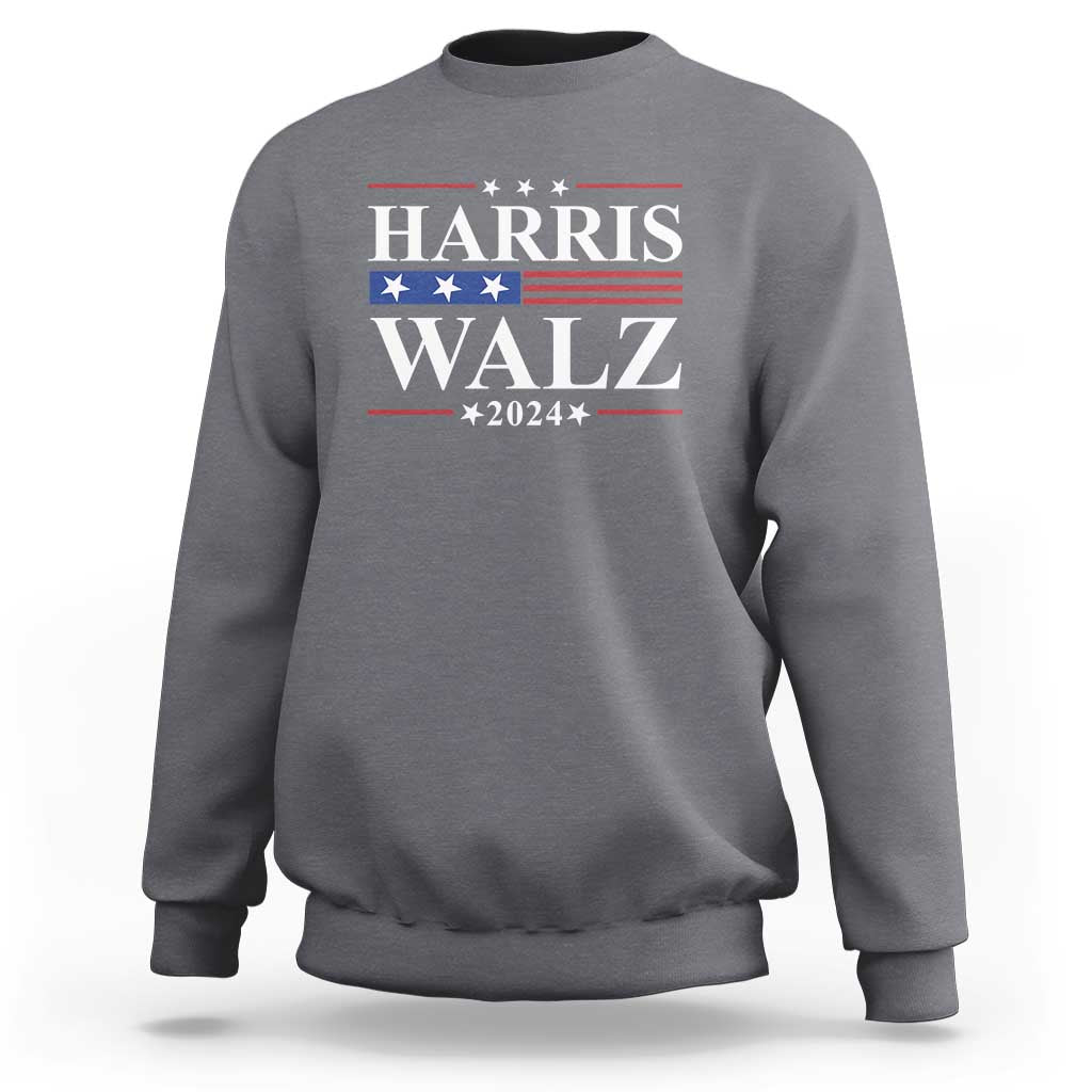 Harris Walz 2024 sweatshirt, dark heather gray with flag stars “HARRIS WALZ” front print