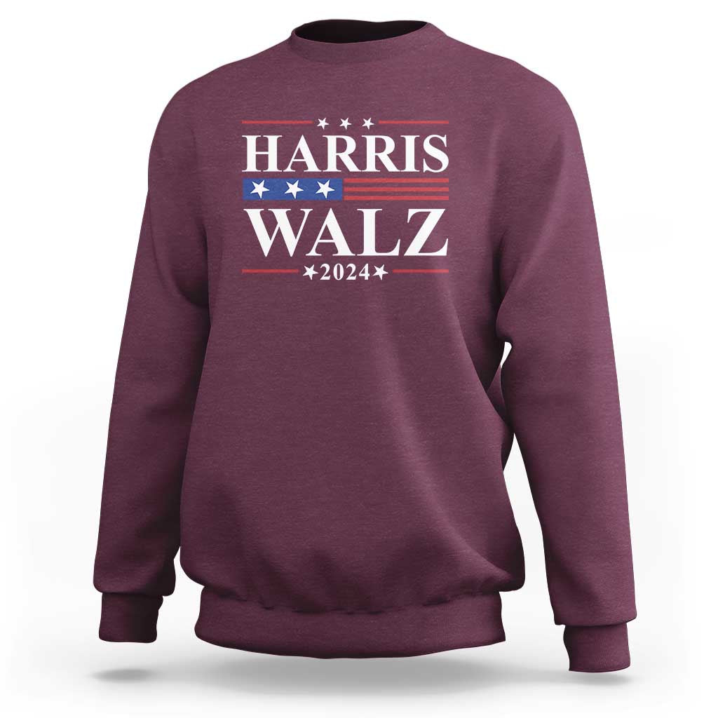 Harris Walz 2024 sweatshirt, maroon with flag stars “HARRIS WALZ” front print