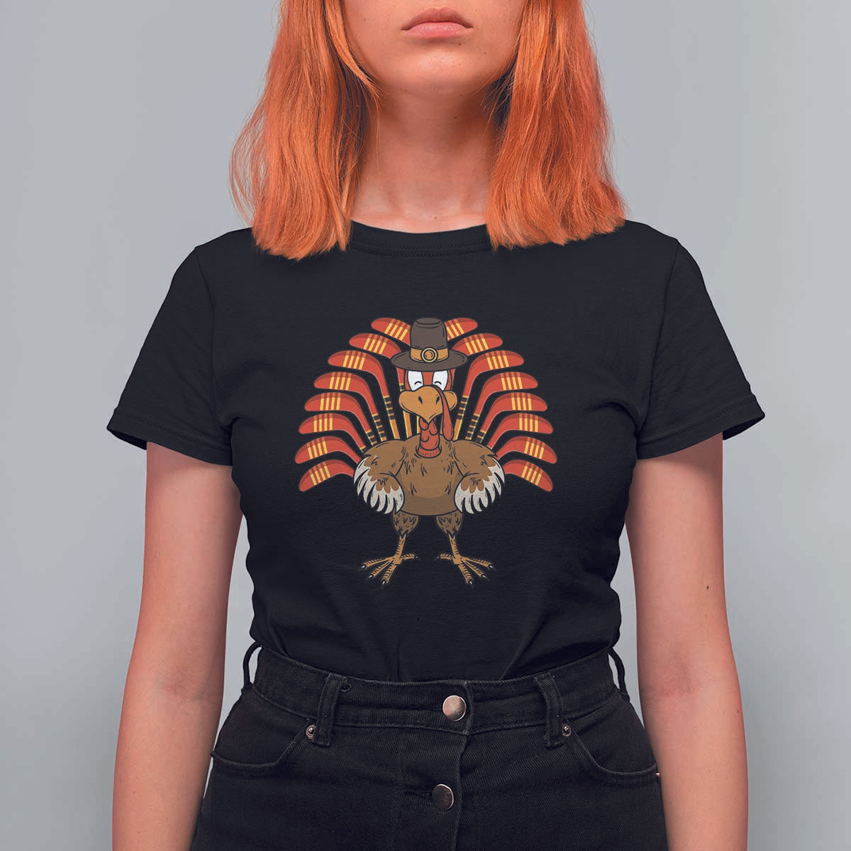 Thanksgiving Ice Hockey T Shirt For Women Turkey Pilgrim Hat Fall Season - Wonder Print Shop