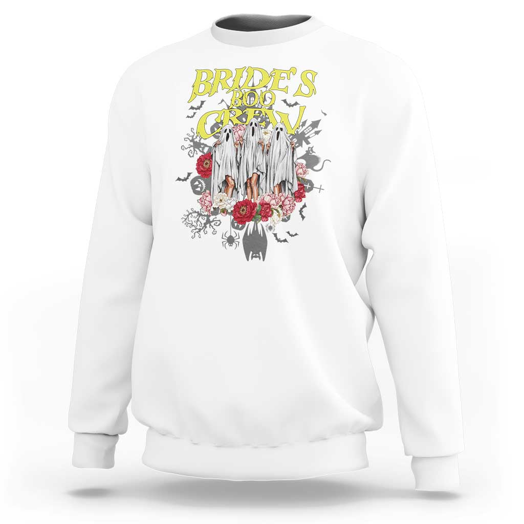 White sweatshirt with “Bride's Boo Crew” ghost and flower graphic