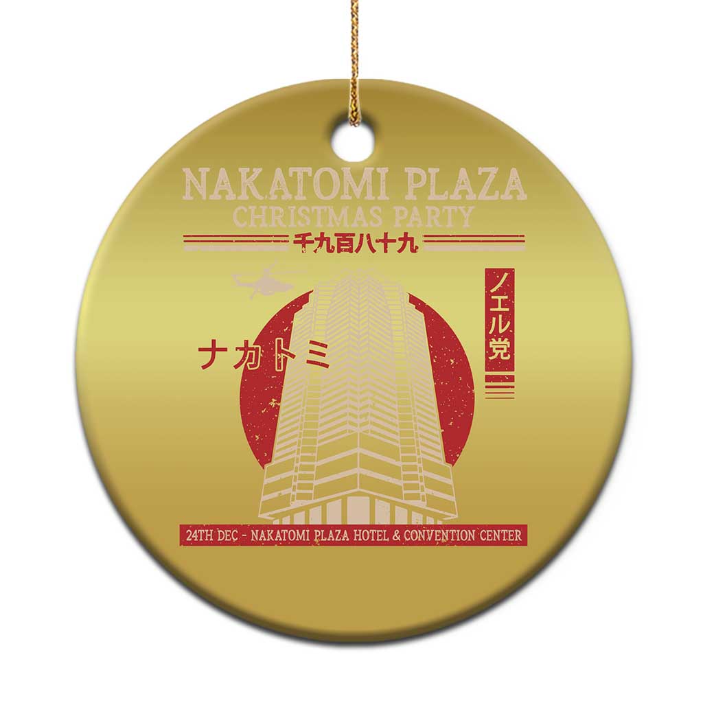 Gold circular Christmas ornament with hanging loop, printed building and red accents