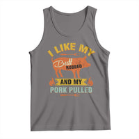 Gray tank top with BBQ pig graphic and “But rubbed and my pork pulled” text