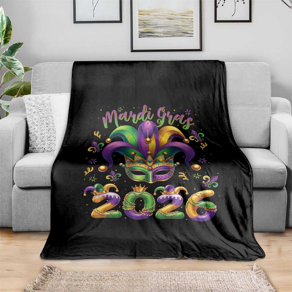 Mardi Gras 2026 Throw Blanket Funny Jester Hat Carnival Fleur De Lis