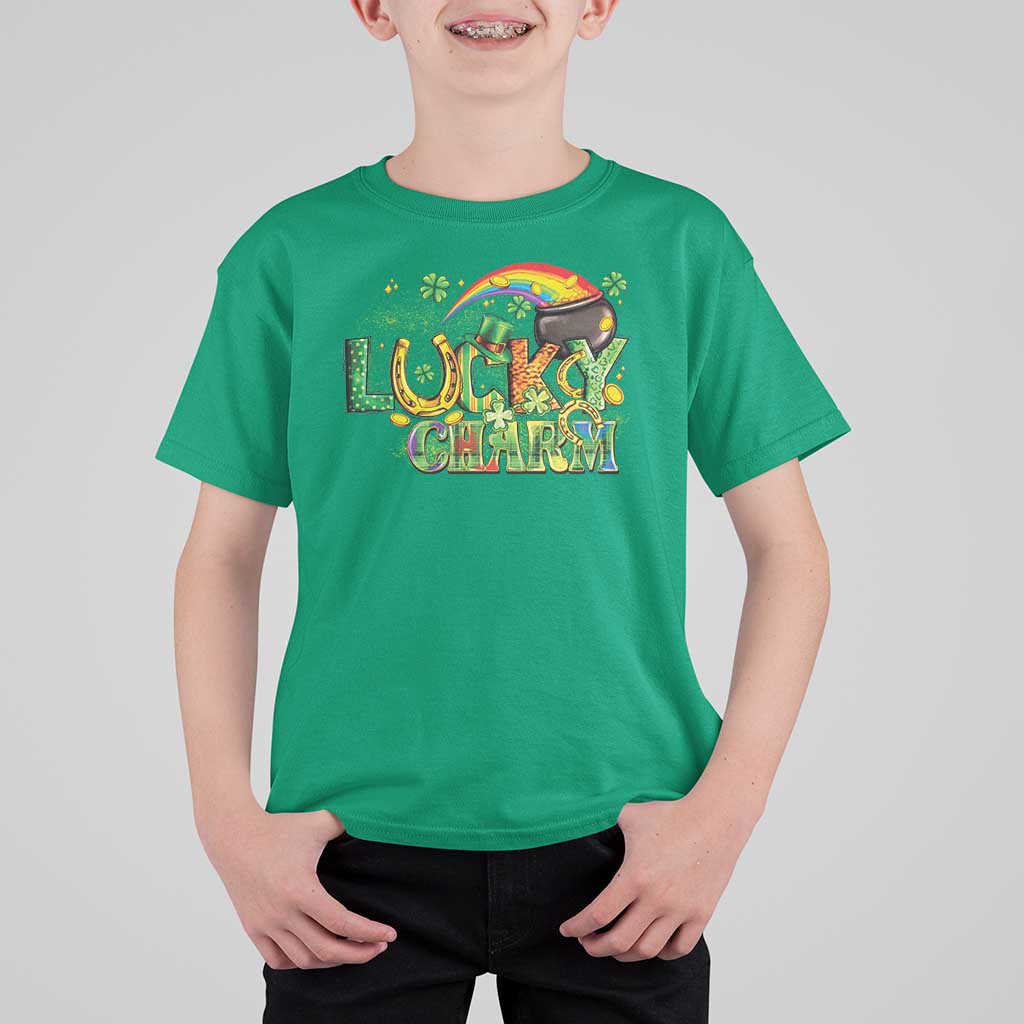 Funny St Patrick's Day Lucky Charm T Shirt For Kid Rainbow Gold Pot Clover