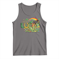 Dark gray graphic lucky charm tank top with rainbow pot and clover on front