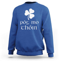 Irish saying shamrock sweatshirt with white clover graphic on blue
