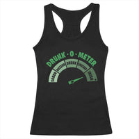 Black racerback tank top with green "Drunk-O-Meter" graphic and shamrock icon