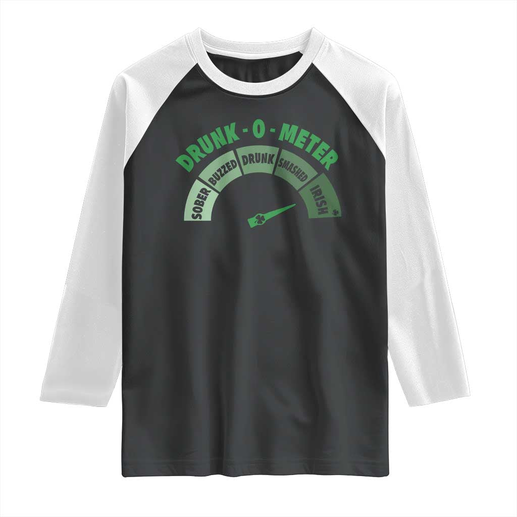 Funny Irish St. Patrick's Day Raglan Shirt Drunk-O-Meter Drinking Party Shamrock