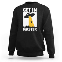 Black crewneck sweatshirt with back graphic text and alien cat illustration