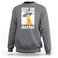Charcoal heather crewneck sweatshirt with back graphic text and alien cat illustration