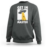 Dark heather crewneck sweatshirt with back graphic text and alien cat illustration