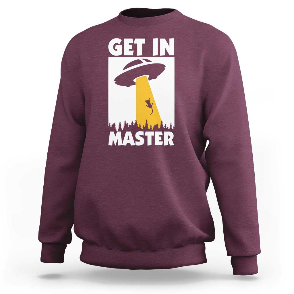 Maroon crewneck sweatshirt with back graphic text and alien cat illustration