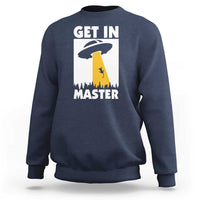 Navy crewneck sweatshirt with back graphic text and alien cat illustration