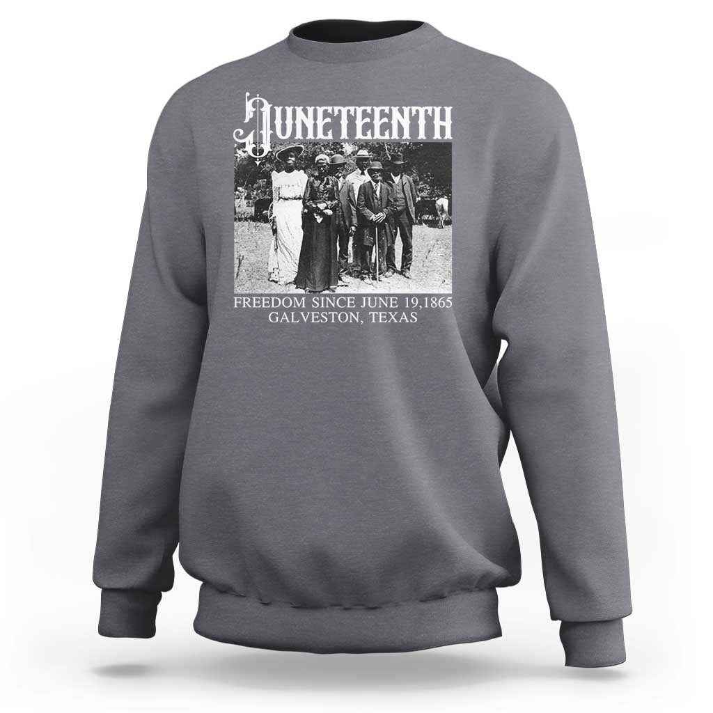 Charcoal Juneteenth sweatshirt with front freedom graphic and date text