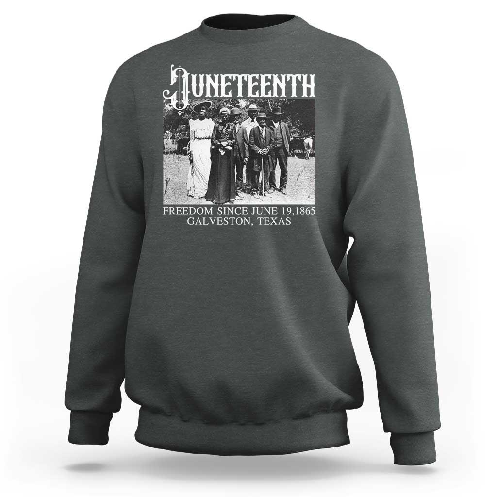 Dark heather gray Juneteenth sweatshirt with front freedom graphic and date text