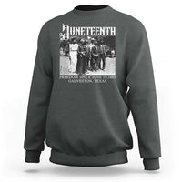 Dark heather gray Juneteenth sweatshirt with front freedom graphic and date text