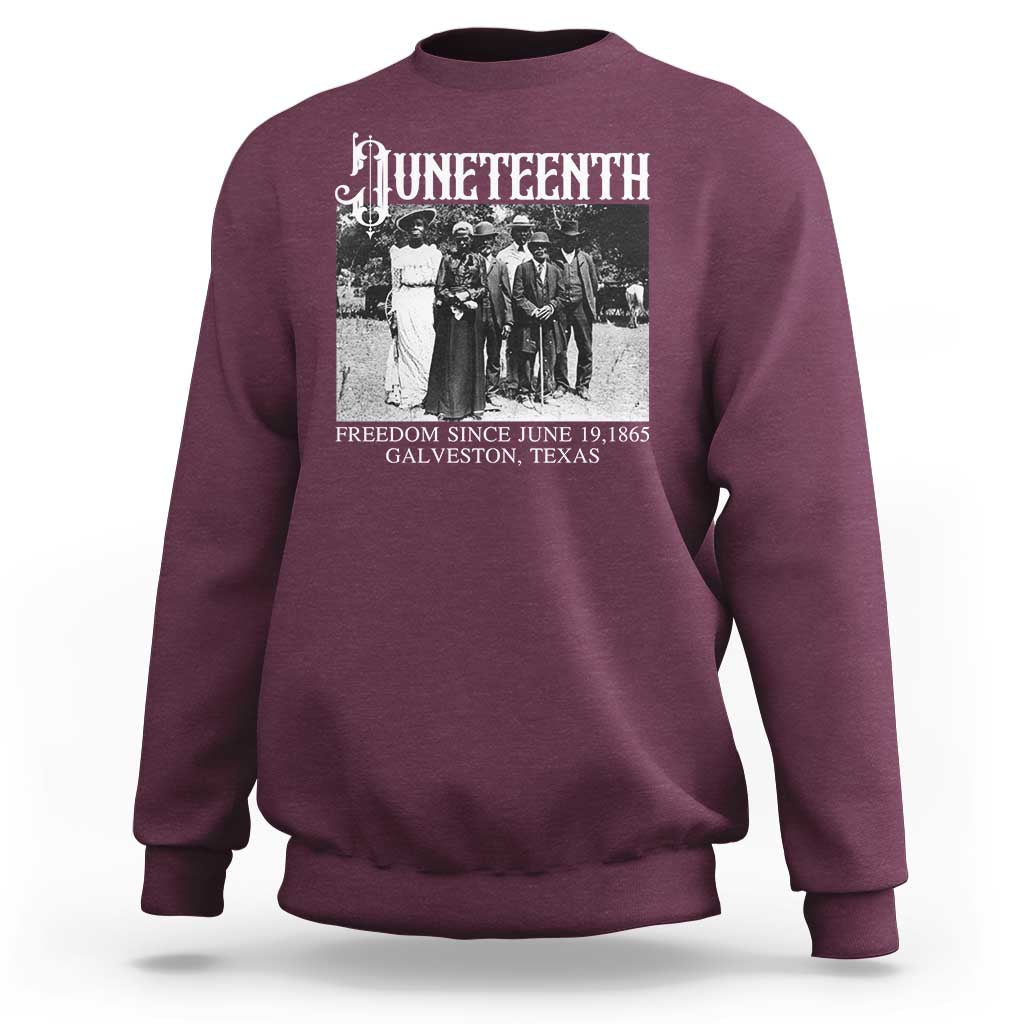 Maroon Juneteenth sweatshirt with front freedom graphic and date text