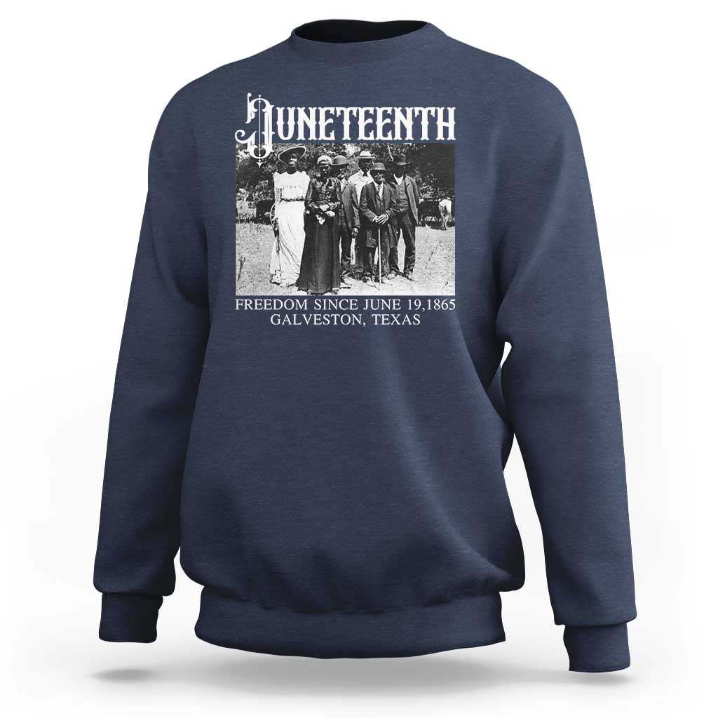 Navy Juneteenth sweatshirt with front freedom graphic and date text