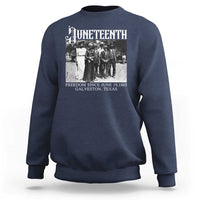 Navy Juneteenth sweatshirt with front freedom graphic and date text