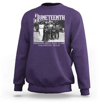 Purple Juneteenth sweatshirt with front freedom graphic and date text