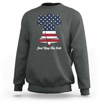 Heather gray crewneck sweatshirt with Liberty Bell graphic and “Just Ring The Bell” text