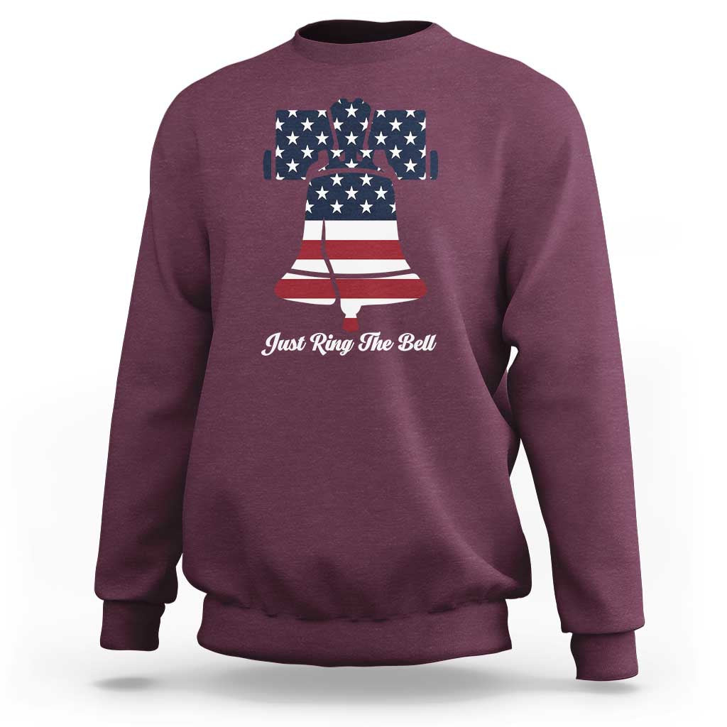 Maroon crewneck sweatshirt with Liberty Bell graphic and “Just Ring The Bell” text