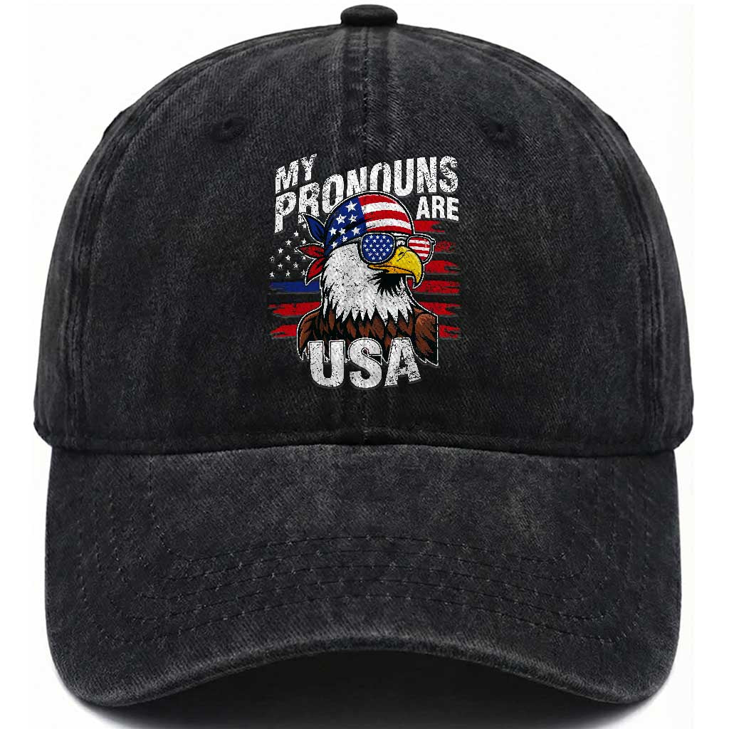 Funny My Pronouns Are USA 4th of July Washed Cotton Baseball Cap Patriotic Eagle American Flag
