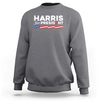 Dark heather gray sweatshirt with 'HARRIS for PRESIDENT' text and American flag graphic