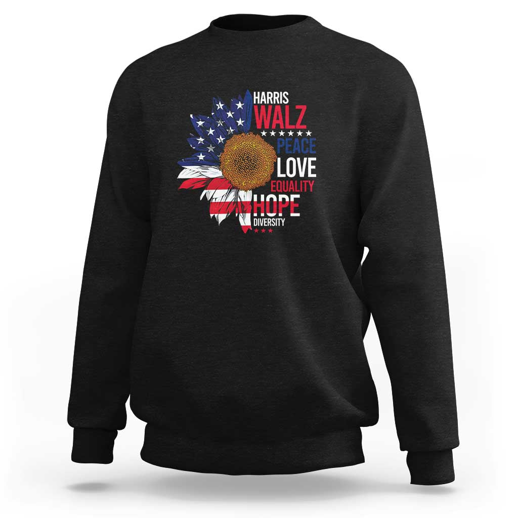 Black crewneck sweatshirt with sunflower peace-love-equality graphic and USA flag design