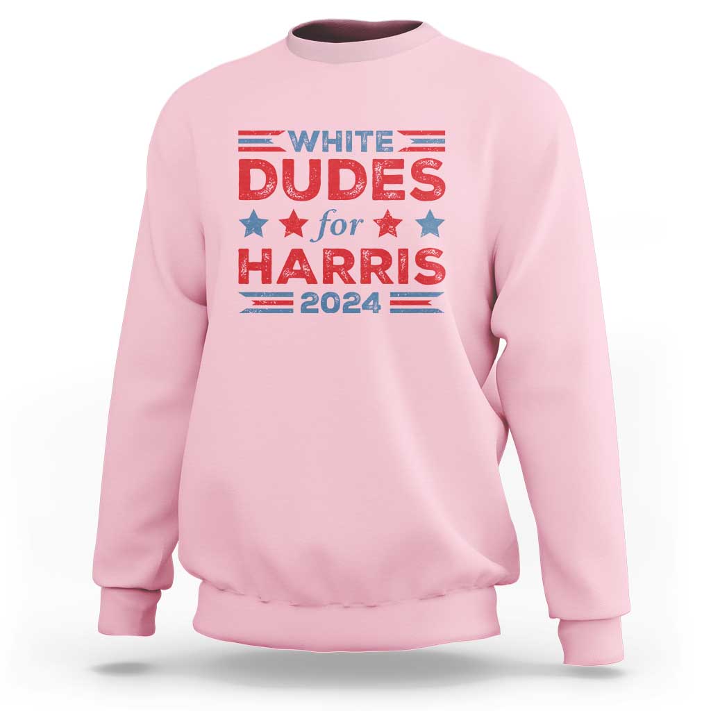 Light pink crewneck sweatshirt with American flag star “WHITE DUDES for HARRIS 2024” graphic