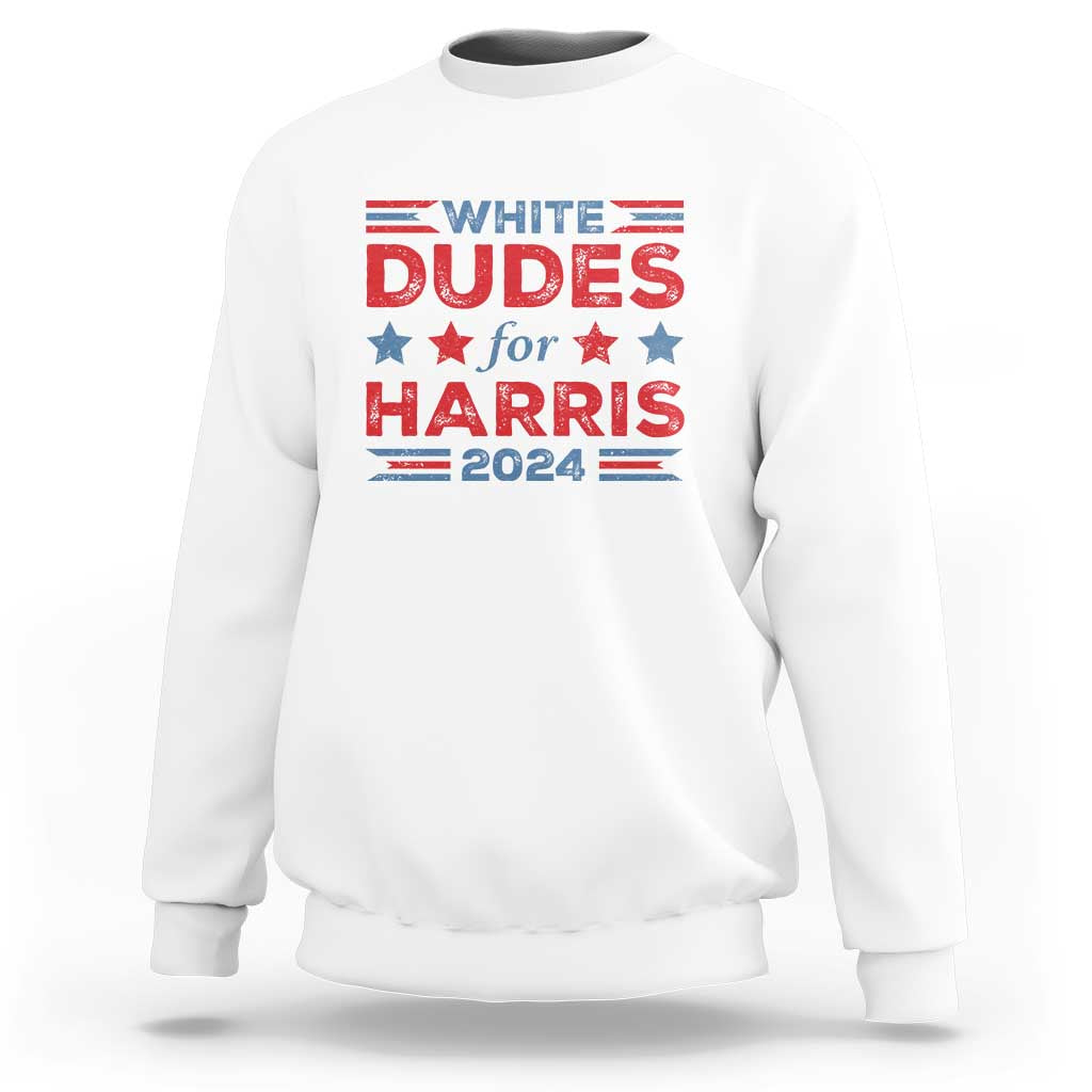 White crewneck sweatshirt with American flag star “WHITE DUDES for HARRIS 2024” graphic