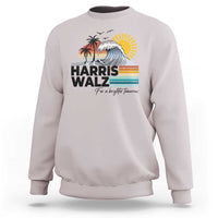 Light heather gray crewneck sweatshirt with front 'Harris Walz' retro sun and wave graphic