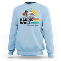 Light blue crewneck sweatshirt with front 'Harris Walz' retro sun and wave graphic