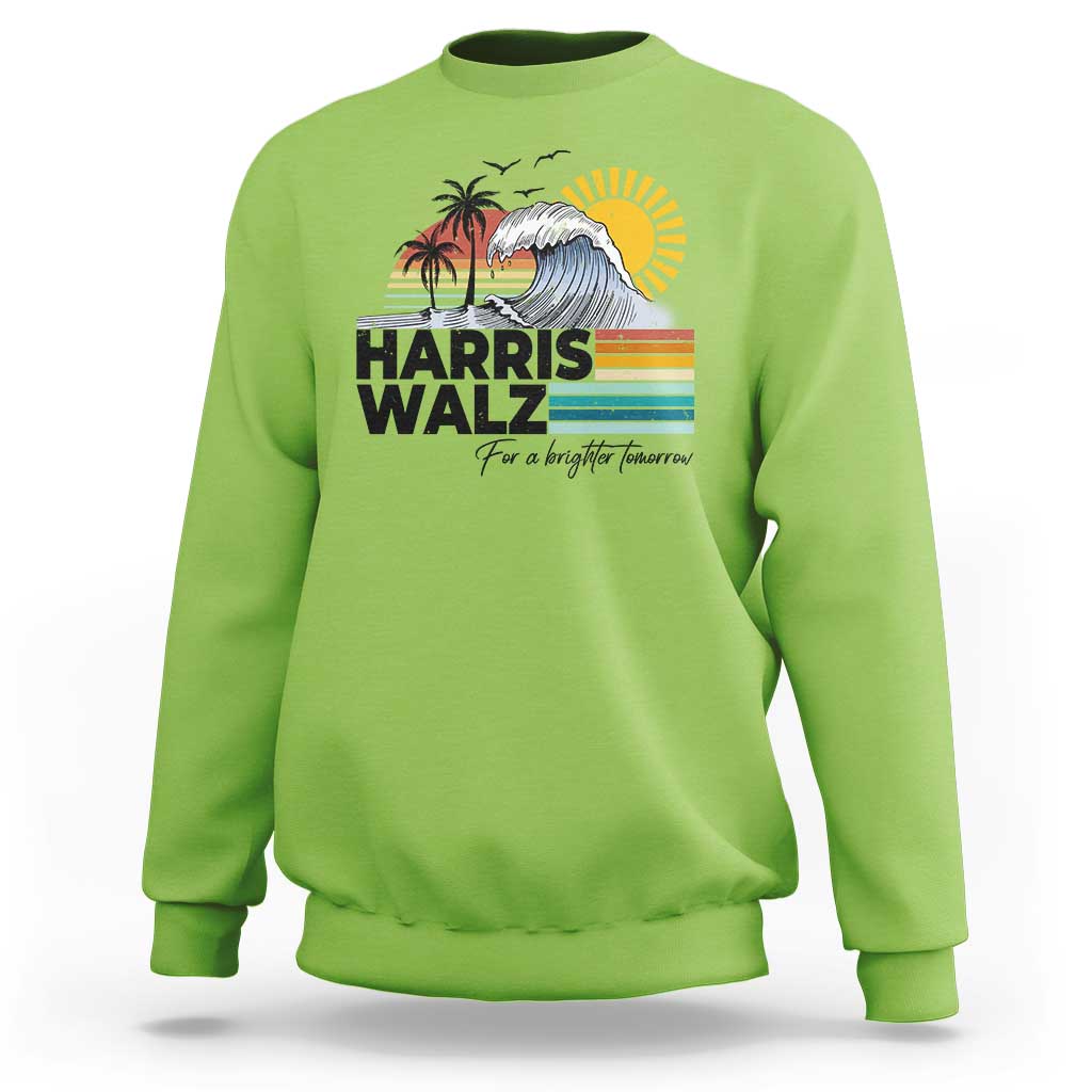 Lime green crewneck sweatshirt with front 'Harris Walz' retro sun and wave graphic