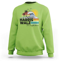 Lime green crewneck sweatshirt with front 'Harris Walz' retro sun and wave graphic
