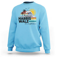 Sky blue crewneck sweatshirt with front 'Harris Walz' retro sun and wave graphic