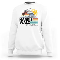 White crewneck sweatshirt with front 'Harris Walz' retro sun and wave graphic