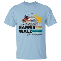Light blue T-shirt with retro wave, palm trees, sun graphic and Harris Walz print