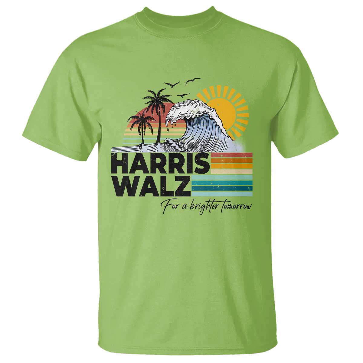 Lime green T-shirt with retro wave, palm trees, sun graphic and Harris Walz text